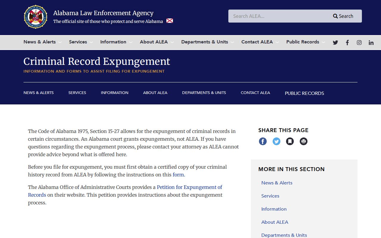 ALEA expungement information for Clarke County busted records